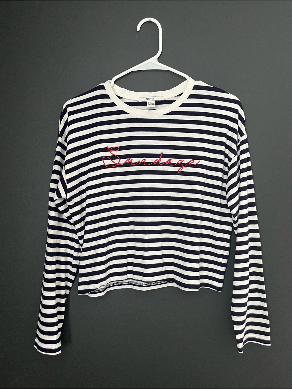 Forever 21 Navy, White & Red Striped 'Sundaze' Long Sleeve Boxy Tee